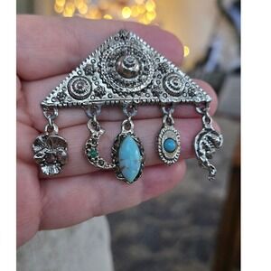 Unsigned Goldette Brooch Silvertone 5 Charms Middle Eastern Style Gemstones